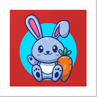 Cute Rabbit Sitting With Carrot Cartoon Posters and Art